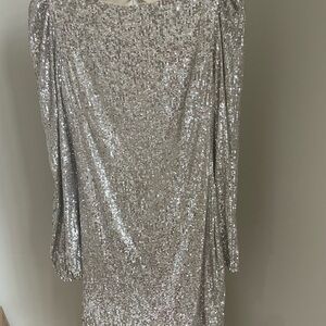 Bloomingdale's Silver Sequin Puff Sleeve Cocktail Dress